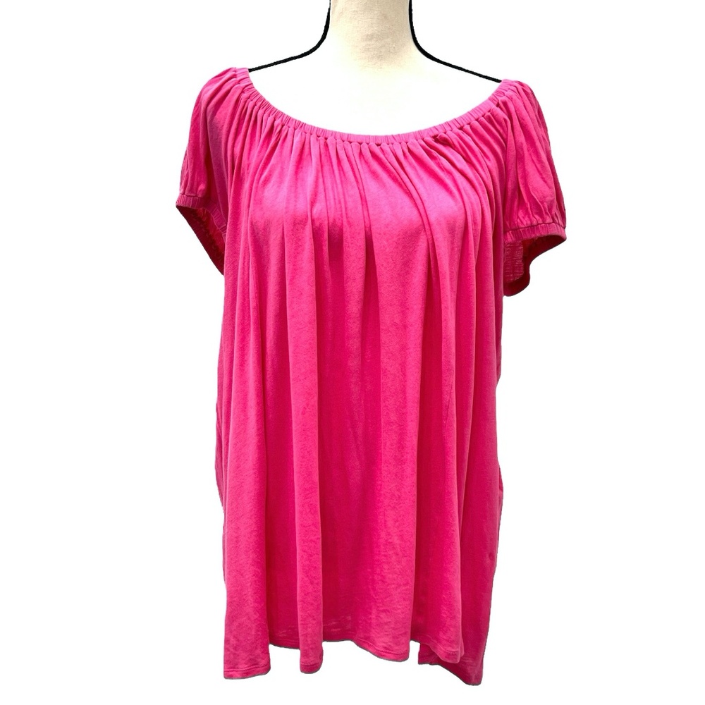 DKNY BRIGHT PINK COTTON ELASTIC NECK ON/OFF SHOULDER OVERSIZED BOXY T-SHIRT